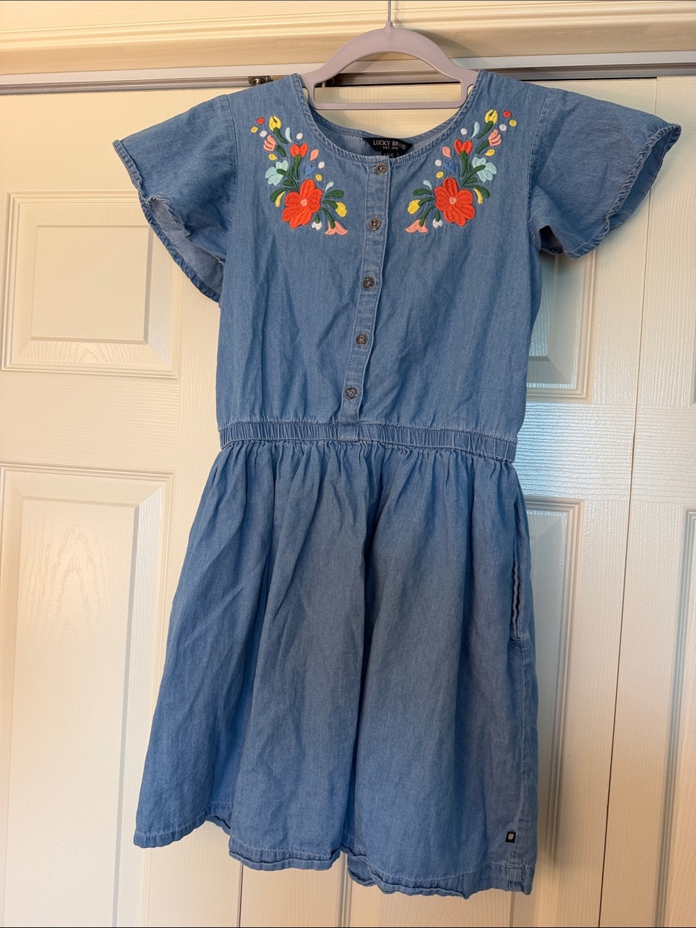 Lucky Brand Blue Denim Dress with Floral Embroidery
